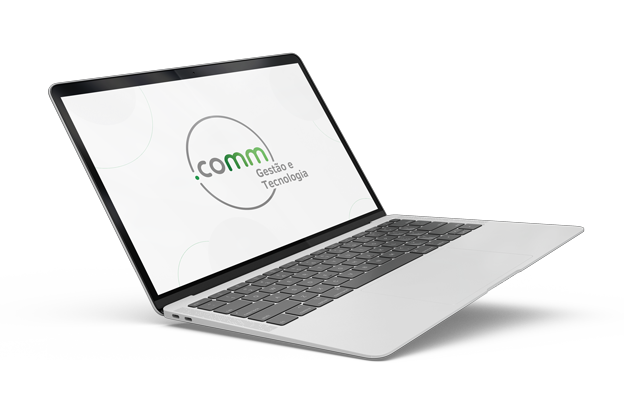 Notebook flutuando com a logo da agencia.comm no centro.
